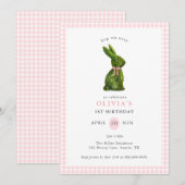 Cute Topiary Bunny Pink Gingham Girl Birthday  Einladung (Vorne/Hinten)