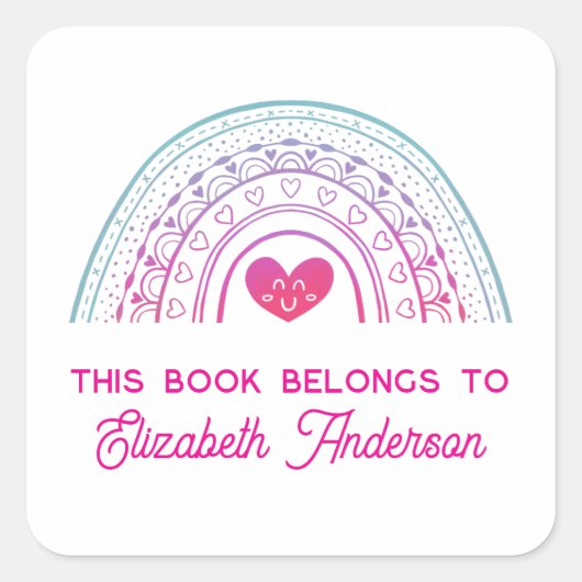 Cute Trendy Boho Rainbow Kids Bookplate Quadratischer Aufkleber (Vorderseite)
