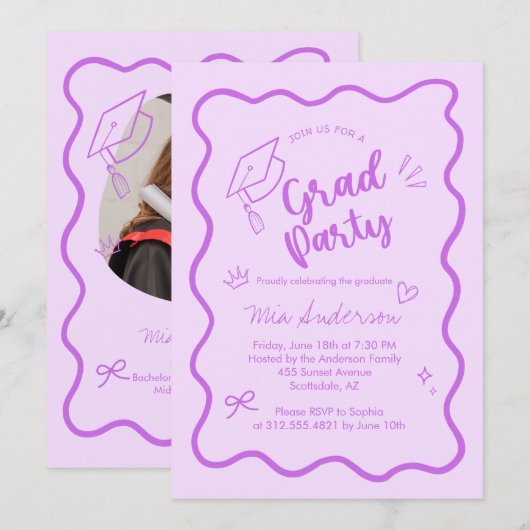 Cute Trendy Pink Wavy Border Graduation Invitation Ankündigung (Vorne/Hinten)