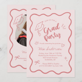 Cute Trendy Pink Wavy Border Graduation Invitation Ankündigung