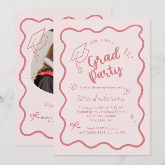 Cute Trendy Pink Wavy Border Graduation Invitation Ankündigung (Vorne/Hinten)