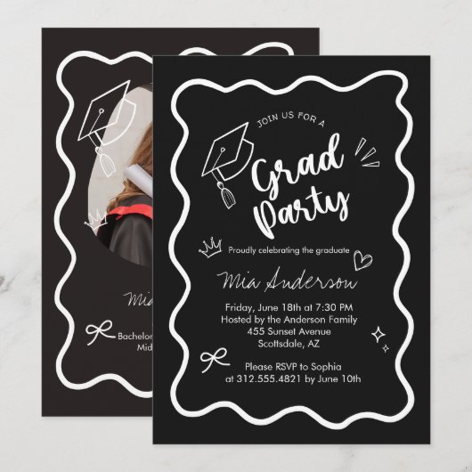Cute Trendy Pink Wavy Border Graduation Invitation Ankündigung (Vorne/Hinten)