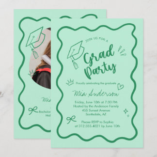 Cute Trendy Pink Wavy Border Graduation Invitation Ankündigung