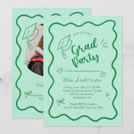 Cute Trendy Pink Wavy Border Graduation Invitation Ankündigung (Vorne/Hinten)