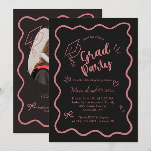 Cute Trendy Pink Wavy Border Graduation Invitation Ankündigung (Vorne/Hinten)