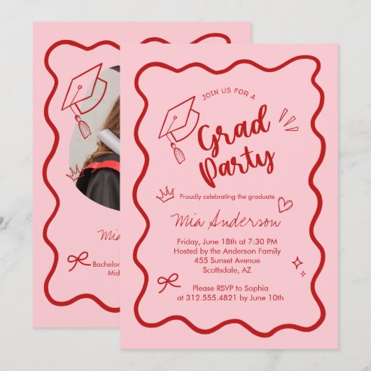 Cute Trendy Pink Wavy Border Graduation Invitation Ankündigung (Vorne/Hinten)