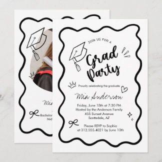 Cute Trendy Pink Wavy Border Graduation Invitation Ankündigung