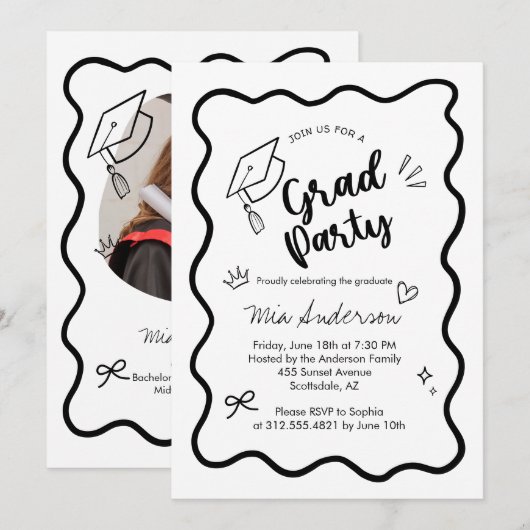 Cute Trendy Pink Wavy Border Graduation Invitation Ankündigung (Vorne/Hinten)