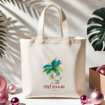 Cute Tropical Christmas Tote Bags Tragetasche<br><div class="desc">These cute tropical Christmas tote bags feature an island-inspired exotic palm tree and cute holiday Santa. The words "Merry Beach-mas" are set in hand lettered type. Use the template fields to add your personalized greeting. A charming choice for Christmas shopping and gifts for family this holiday season. Small and bulk...</div>
