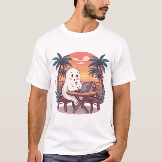 Cute Tropical Ghost Digital Nomad Halloween Design T-Shirt (Vorderseite)