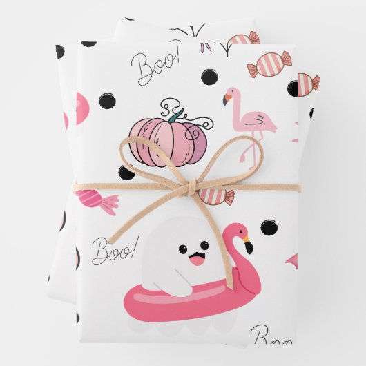Cute Tropical Halloween - Pink Ghosts & Flamingos Geschenkpapier Set (Beispiel)