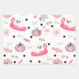 Cute Tropical Halloween - Pink Ghosts & Flamingos Geschenkpapier Set