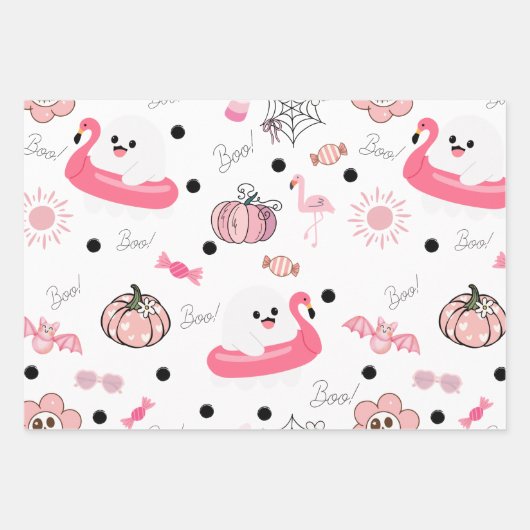 Cute Tropical Halloween - Pink Ghosts & Flamingos Geschenkpapier Set (Vorderseite)
