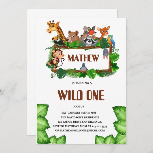 Cute Tropical Jungle Safari Wild One 1st Einladung (Vorne/Hinten)
