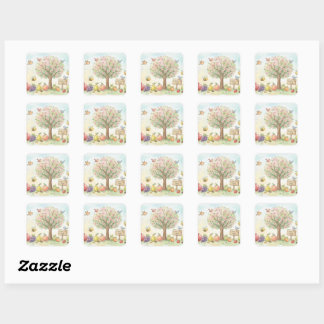Cute Tu Bishvat Watercolor Blooming Tree Quadratischer Aufkleber