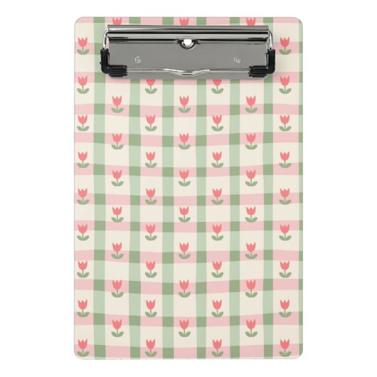Cute Tulip Checkered Pattern | Pastel Floral Mini Klemmbrett (Vorderseite)