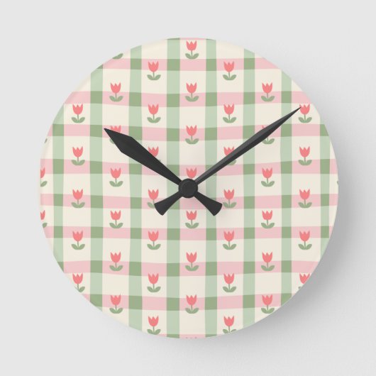 Cute Tulip Checkered Pattern | Pastel Floral Runde Wanduhr (Vorderseite)