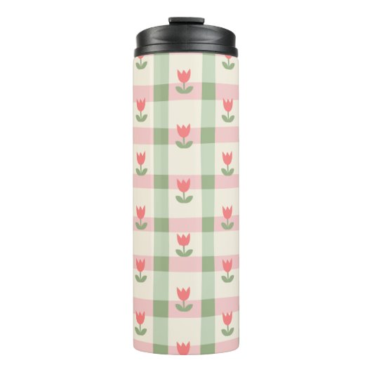 Cute Tulip Checkered Pattern | Pastel Floral Thermosbecher (Vorderseite)