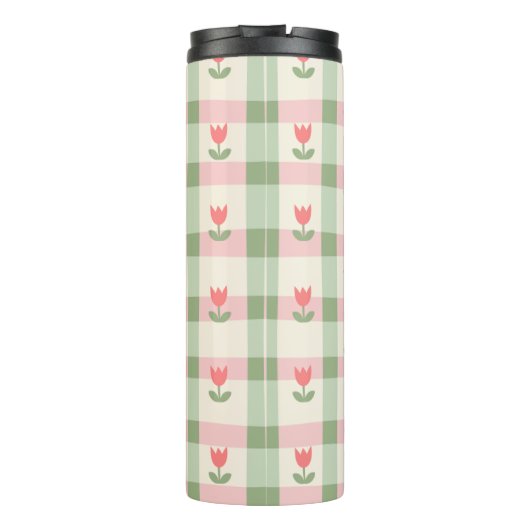 Cute Tulip Checkered Pattern | Pastel Floral Thermosbecher (Rückseite)