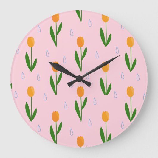 Cute Tulip Flower with Raindrop Pattern Große Wanduhr (Vorderseite)