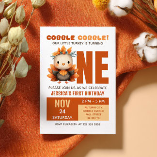 Cute Turkey Gobble Fall Thanksgiving 1st Birthday Einladung