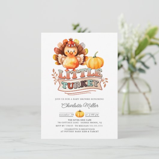 Cute Turkey Thanksgiving Baby Shower Einladung (Stehend Vorderseite)
