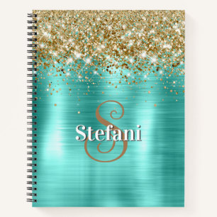 Cute Turquoise Gold Faux Glitter Monogram Notizblock