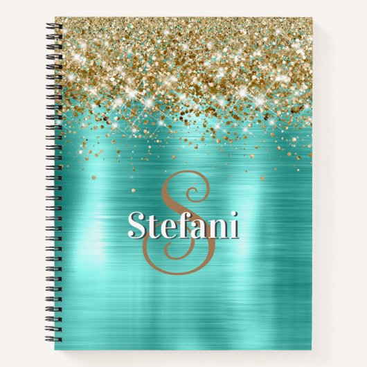 Cute Turquoise Gold Faux Glitter Monogram Notizblock (Vorderseite)