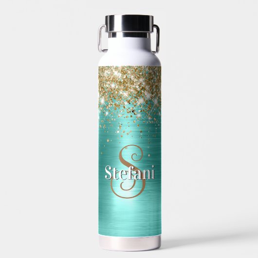 Cute Turquoise Gold Faux Glitter Monogram Trinkflasche (Vorne)