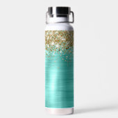 Cute Turquoise Gold Faux Glitter Monogram Trinkflasche (Rückseite)