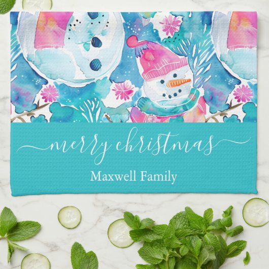 Cute turquoise snowmen script christmas geschirrtuch (Gefaltet)