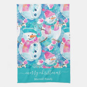 Cute turquoise snowmen script christmas geschirrtuch (Vertikal)