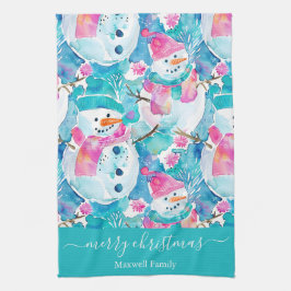 Cute turquoise snowmen script christmas geschirrtuch