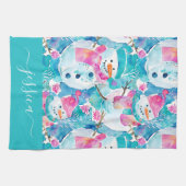 Cute turquoise snowmen script name geschirrtuch (Horizontal)