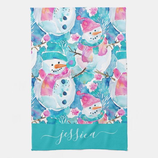 Cute turquoise snowmen script name geschirrtuch (Vertikal)