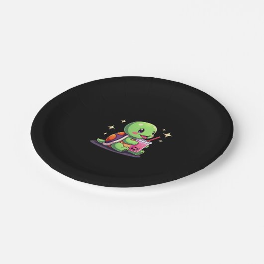 Cute turtle drinking boba. Funny Boba Turtles Love Pappteller (Schrägansicht)