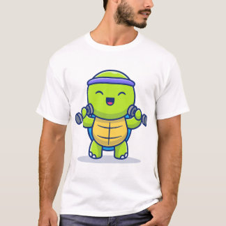 Cute Turtle Lifting Dumbbells Cartoon Illustration T-Shirt