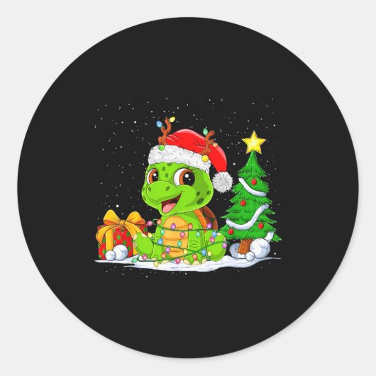 Cute Turtle Santa Christmas Tree Lights Xmas Pajam Runder Aufkleber (Vorderseite)