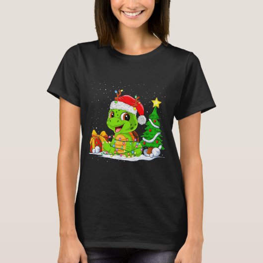 Cute Turtle Santa Christmas Tree Lights Xmas Pajam T-Shirt (Vorderseite)
