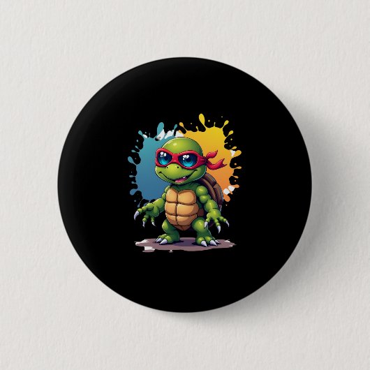 Cute Turtle Wearing Sunglasses Paint Splash Sea An Button (Vorderseite)