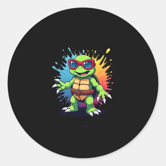 Cute Turtle Wearing Sunglasses Paint Splash Sea An Runder Aufkleber (Vorderseite)