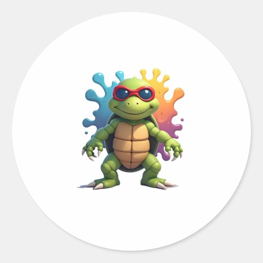 Cute Turtle Wearing Sunglasses Paint Splash Sea An Runder Aufkleber (Vorderseite)