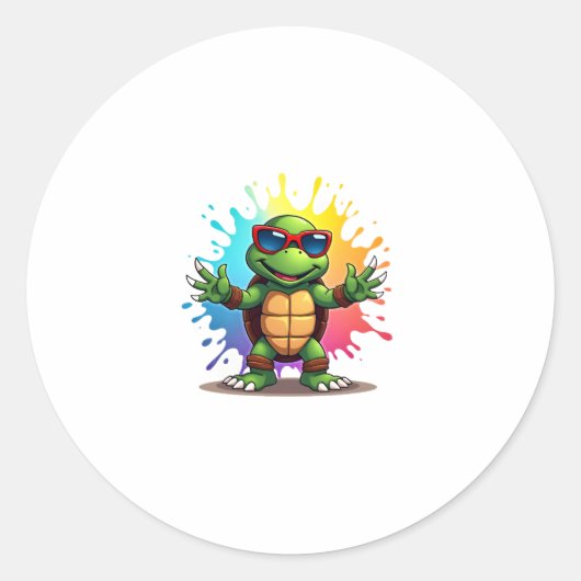 Cute Turtle Wearing Sunglasses Paint Splash Sea An Runder Aufkleber (Vorderseite)