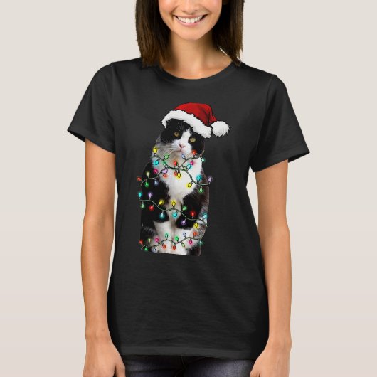 Cute Tuxedo Black Cat Christmas Light Cat Christma T-Shirt (Vorderseite)