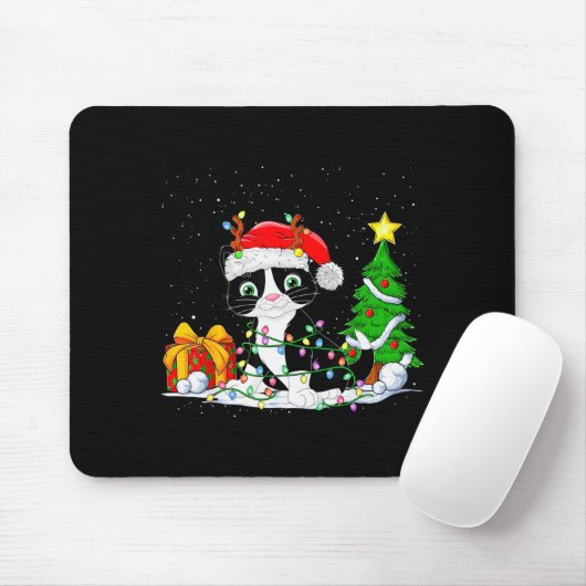 Cute Tuxedo Cat Santa Christmas Tree Lights Xmas T Mousepad (Mit Mouse)