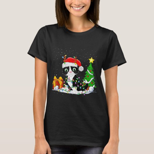 Cute Tuxedo Cat Santa Christmas Tree Lights Xmas T T-Shirt (Vorderseite)