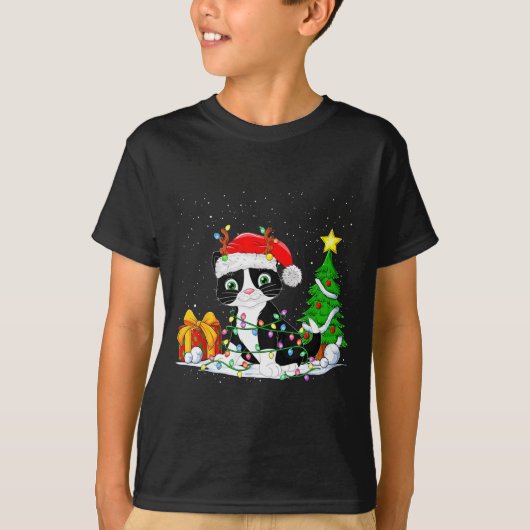 Cute Tuxedo Cat Santa Christmas Tree Lights Xmas T T-Shirt (Vorderseite)
