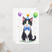 Cute Tuxedo Cat with a Bow Tie Happy Birthday Karte (Vorderseite/Rückseite Beispiel)