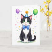 Cute Tuxedo Cat with a Bow Tie Happy Birthday Karte (Gelbe Blume)