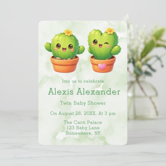 Cute Twin Cactus Baby Shower Einladung (Stehend Vorderseite)